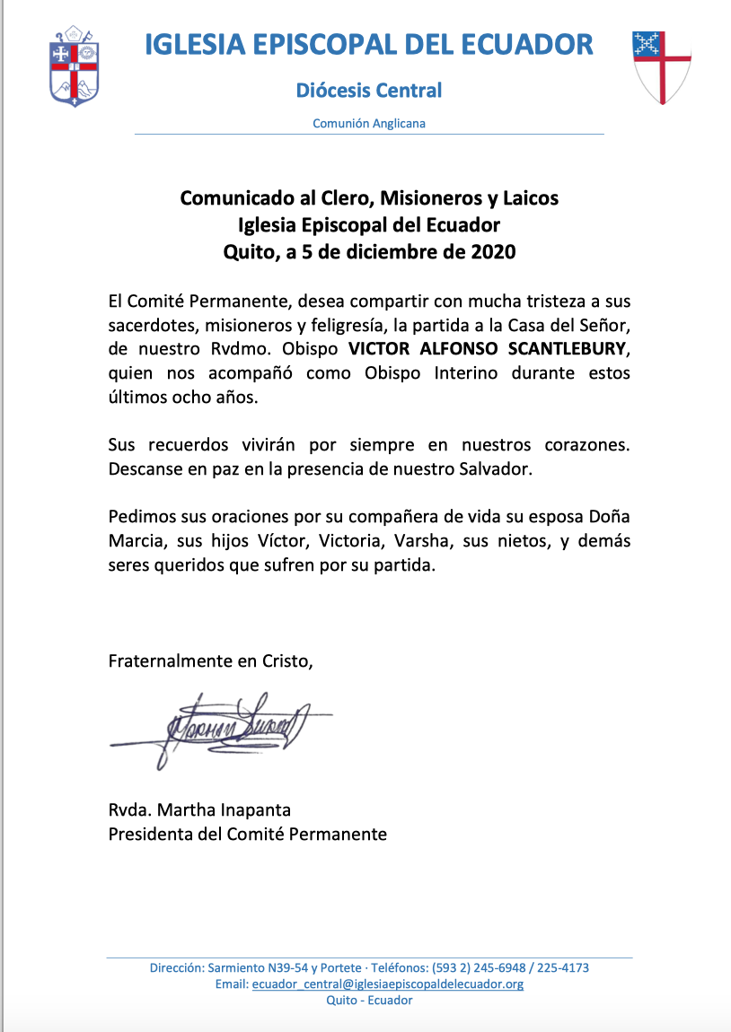 Condolencias Obispo Victor Scantlebury